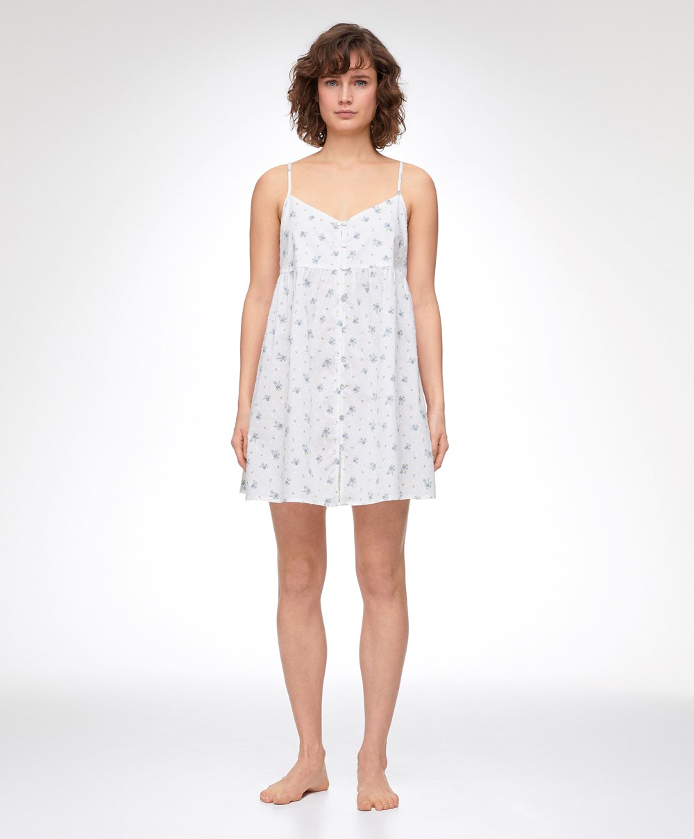 Oysho 100% βαμβακερα Plumeti Printed κοντο Nightdress μπλε | FQCXNL-560