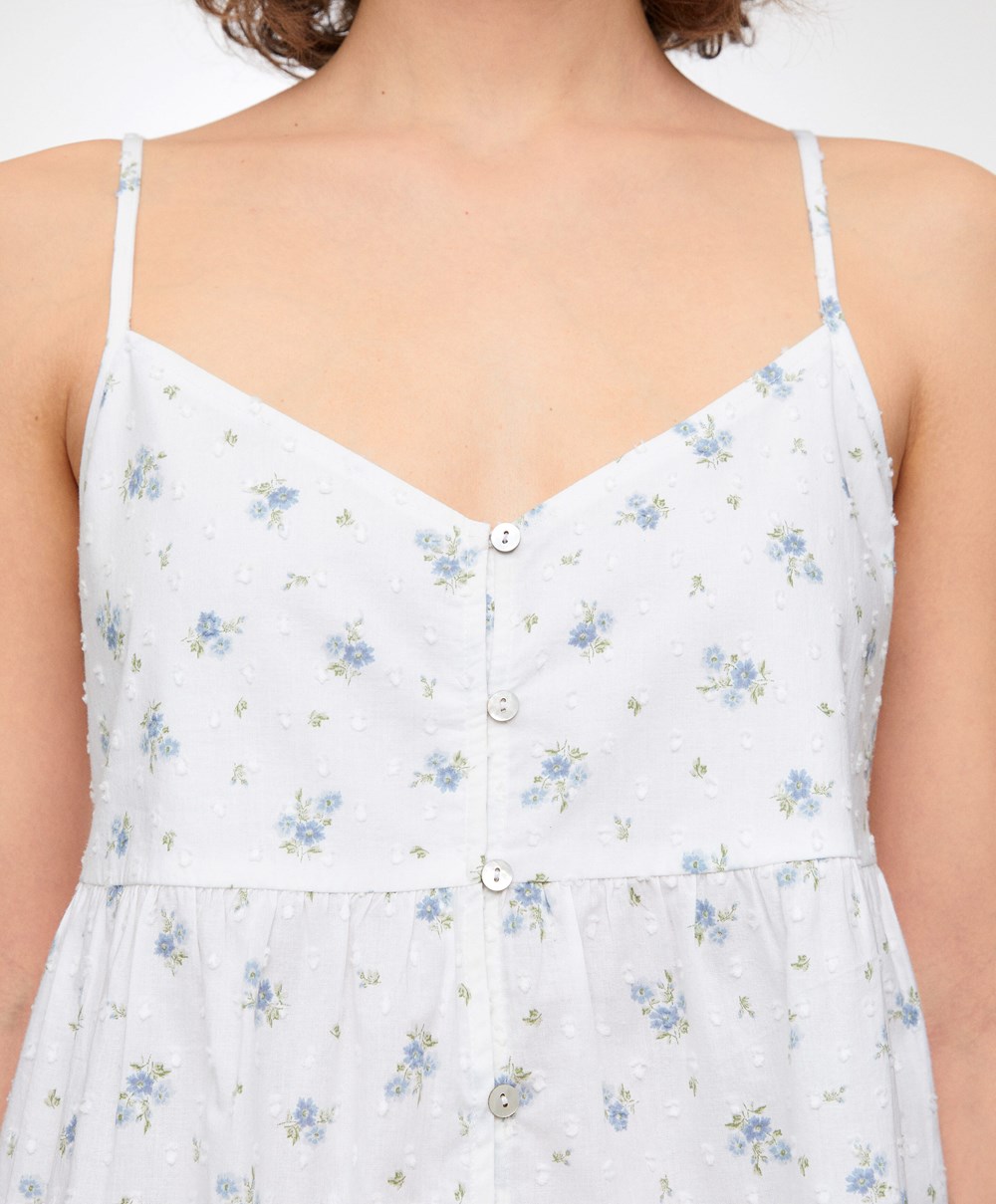 Oysho 100% βαμβακερα Plumeti Printed κοντο Nightdress μπλε | FQCXNL-560