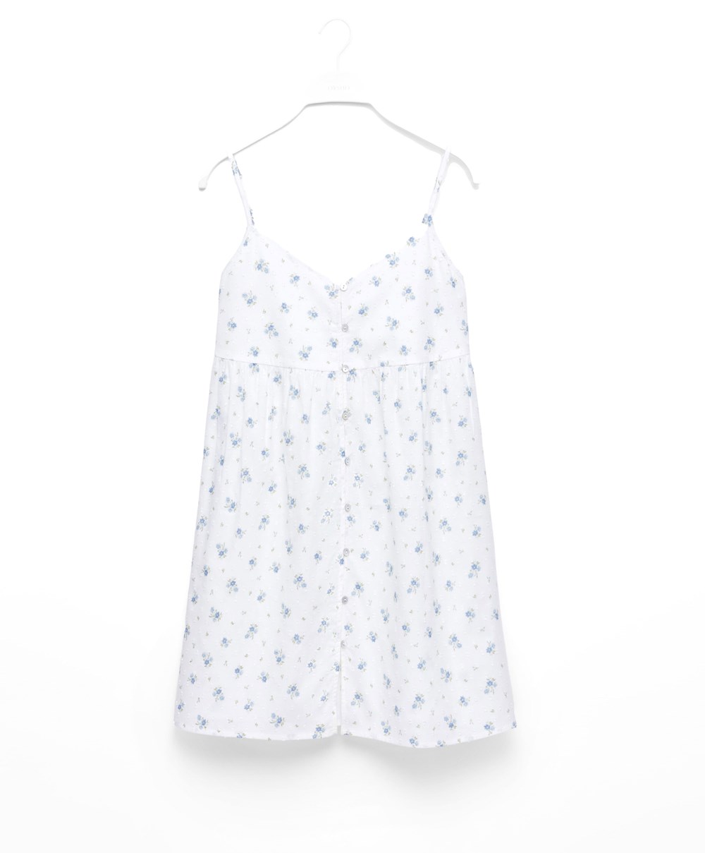 Oysho 100% βαμβακερα Plumeti Printed κοντο Nightdress μπλε | FQCXNL-560