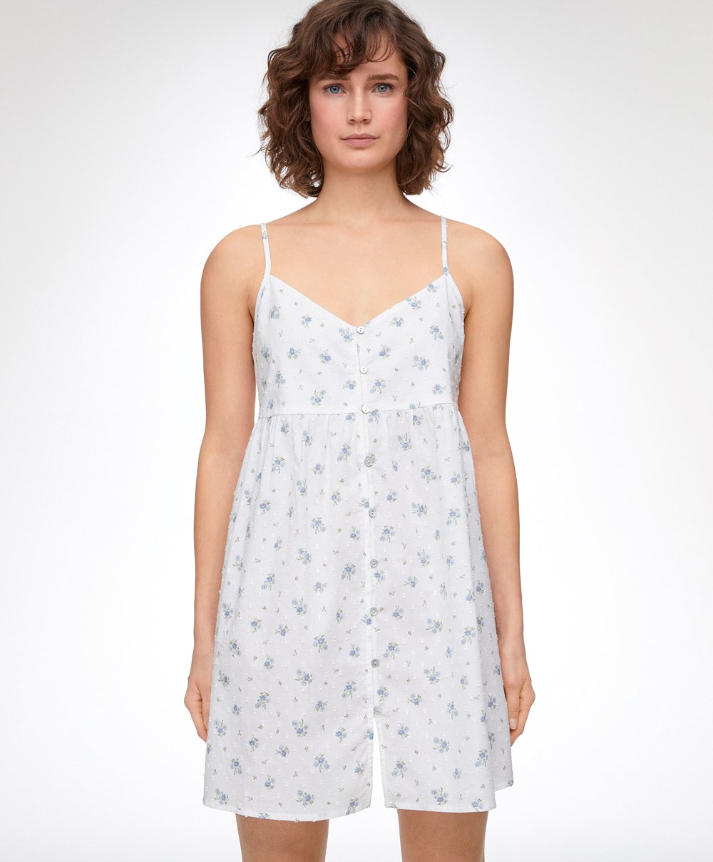 Oysho 100% βαμβακερα Plumeti Printed κοντο Nightdress μπλε | FQCXNL-560