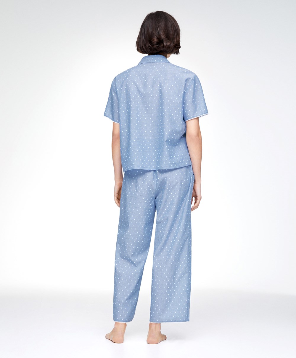 Oysho 100% βαμβακερα Plumeti Trousers μπλε | FVEPKB-798