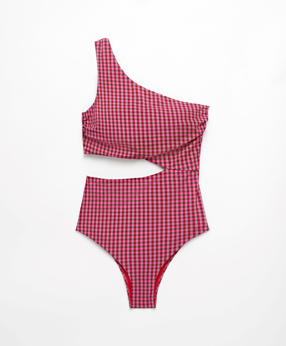 Oysho Asymmetric Gingham Trikini κοκκινα | EJFSQW-910