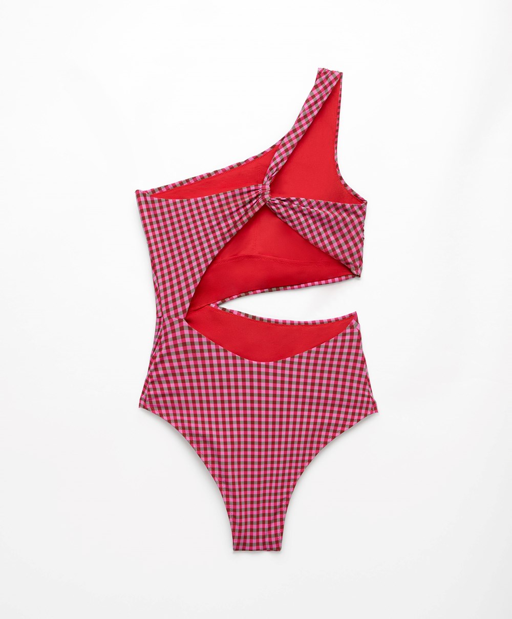 Oysho Asymmetric Gingham Trikini κοκκινα | EJFSQW-910