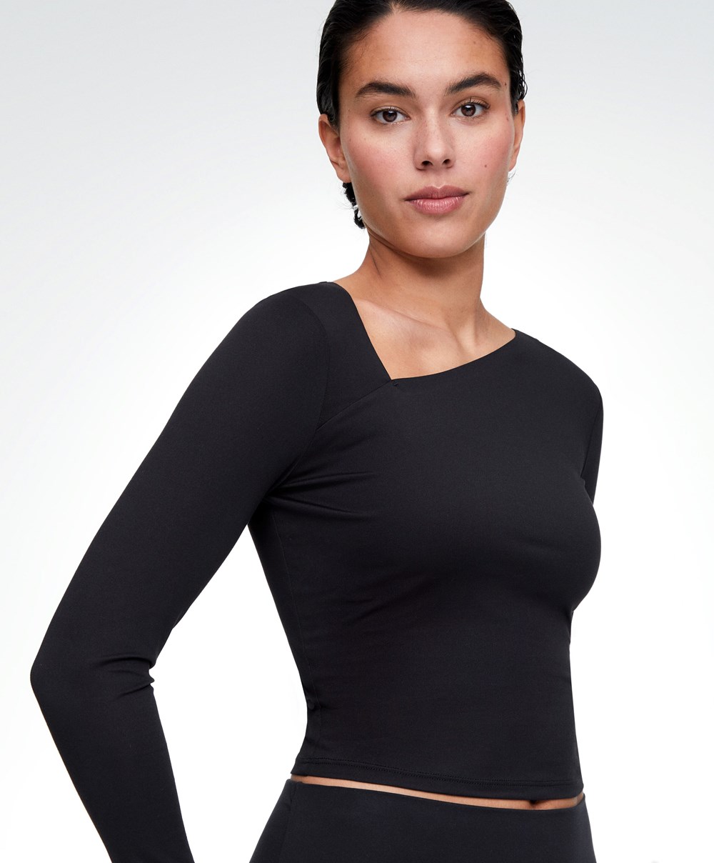 Oysho Asymmetrical Neckline Top μαυρα | XDJKNT-678