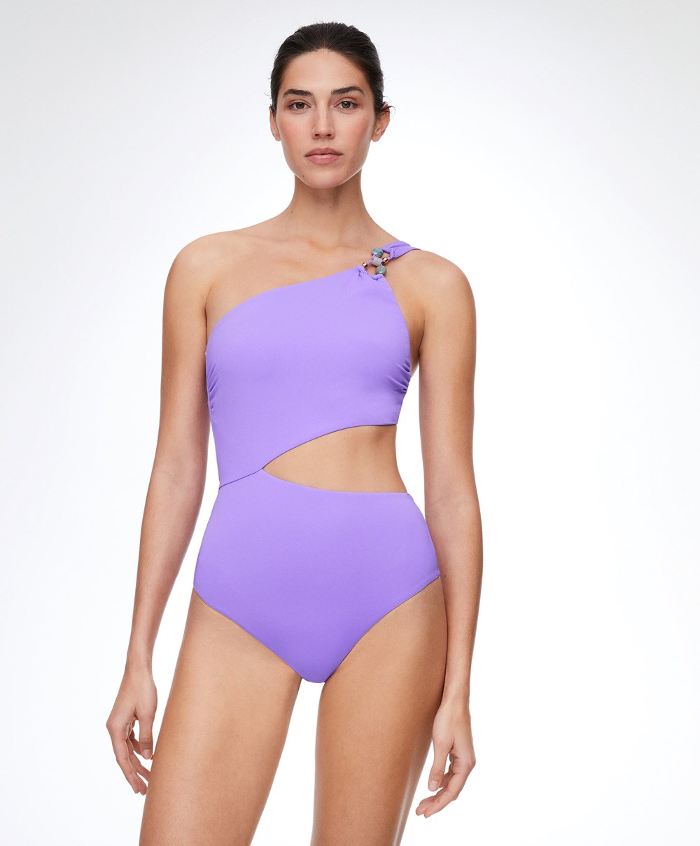 Oysho Bead Detail Asymmetric Trikini Violet | ESUARI-582