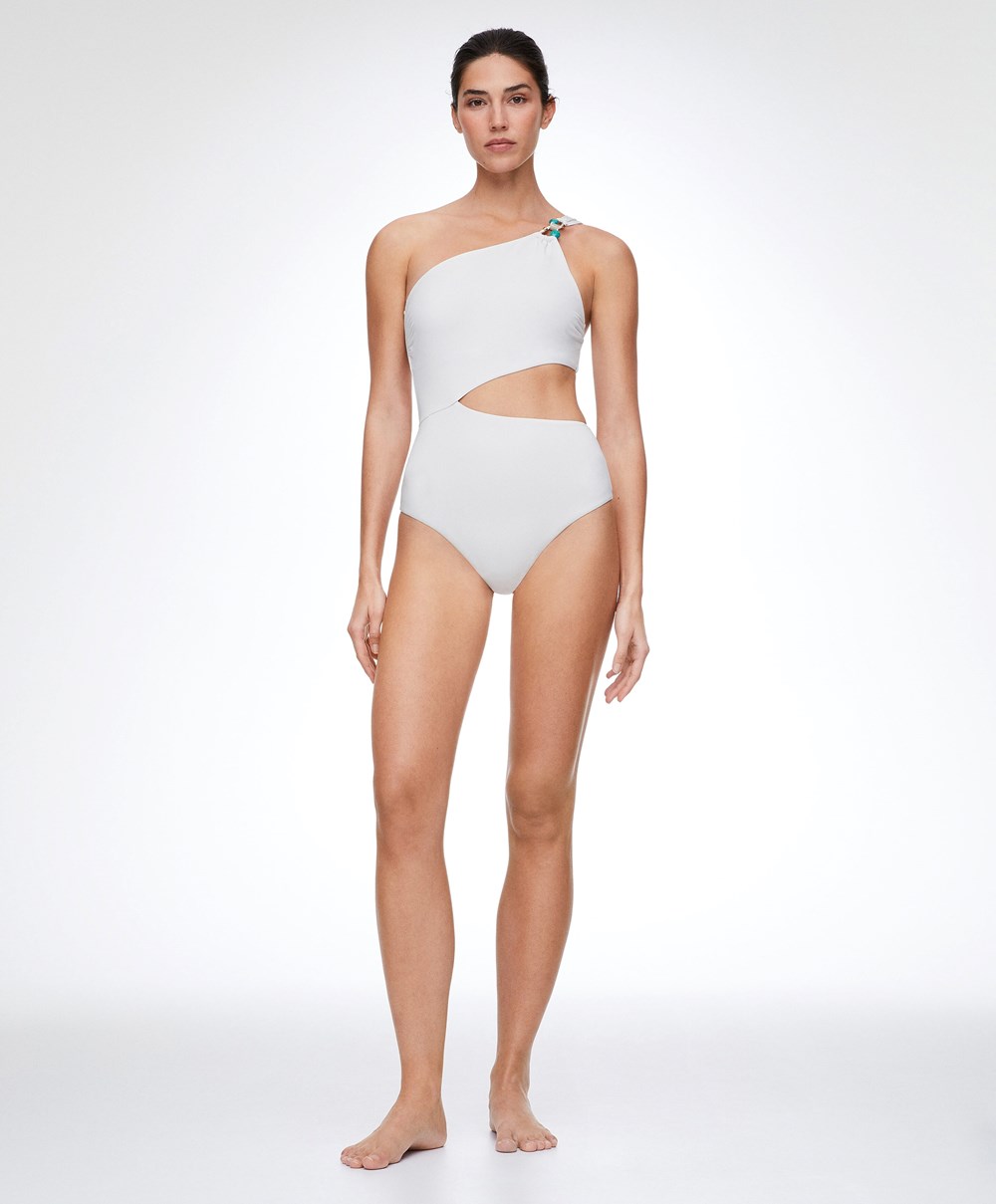 Oysho Bead Detail Asymmetric Trikini ασπρα | MHWRXU-514