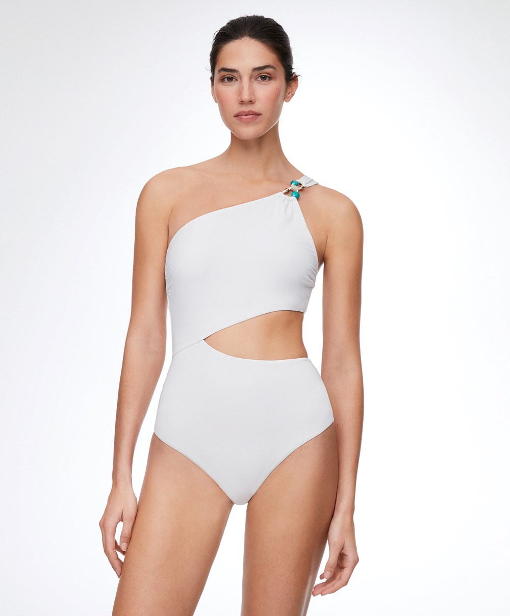 Oysho Bead Detail Asymmetric Trikini ασπρα | MHWRXU-514