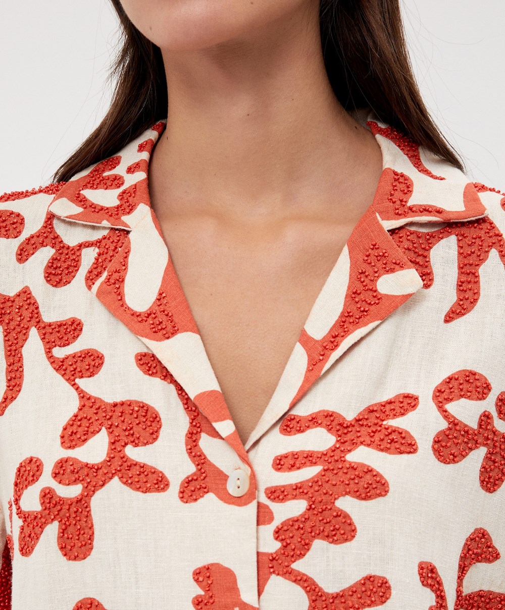 Oysho Bead Embroidery κοντο-sleeved Linen Shirt κοραλι | LYPFVG-241