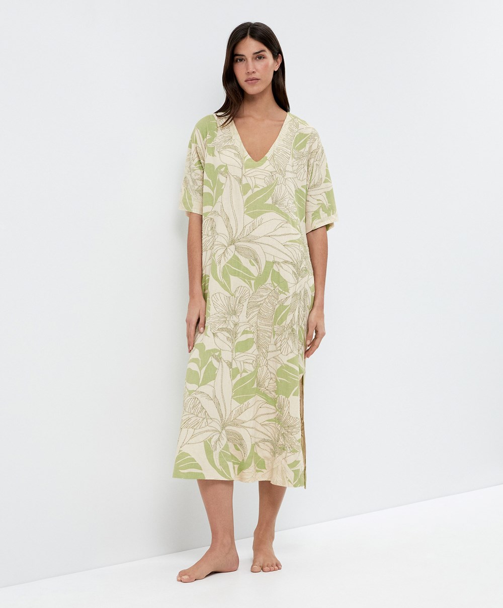 Oysho Beaded Embroidery Linen Midi Tunic Pale Pistachio | QPYLBV-619