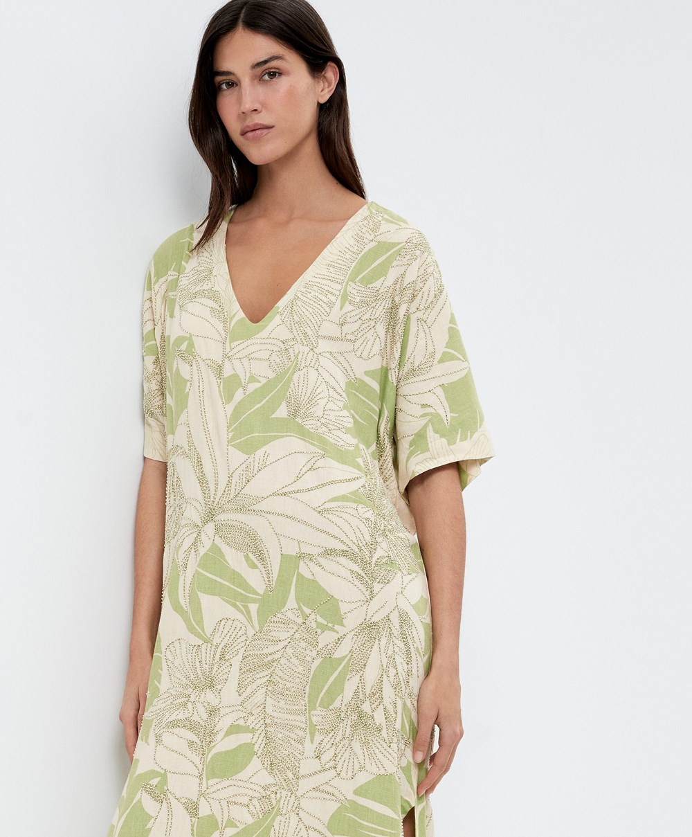 Oysho Beaded Embroidery Linen Midi Tunic Pale Pistachio | QPYLBV-619