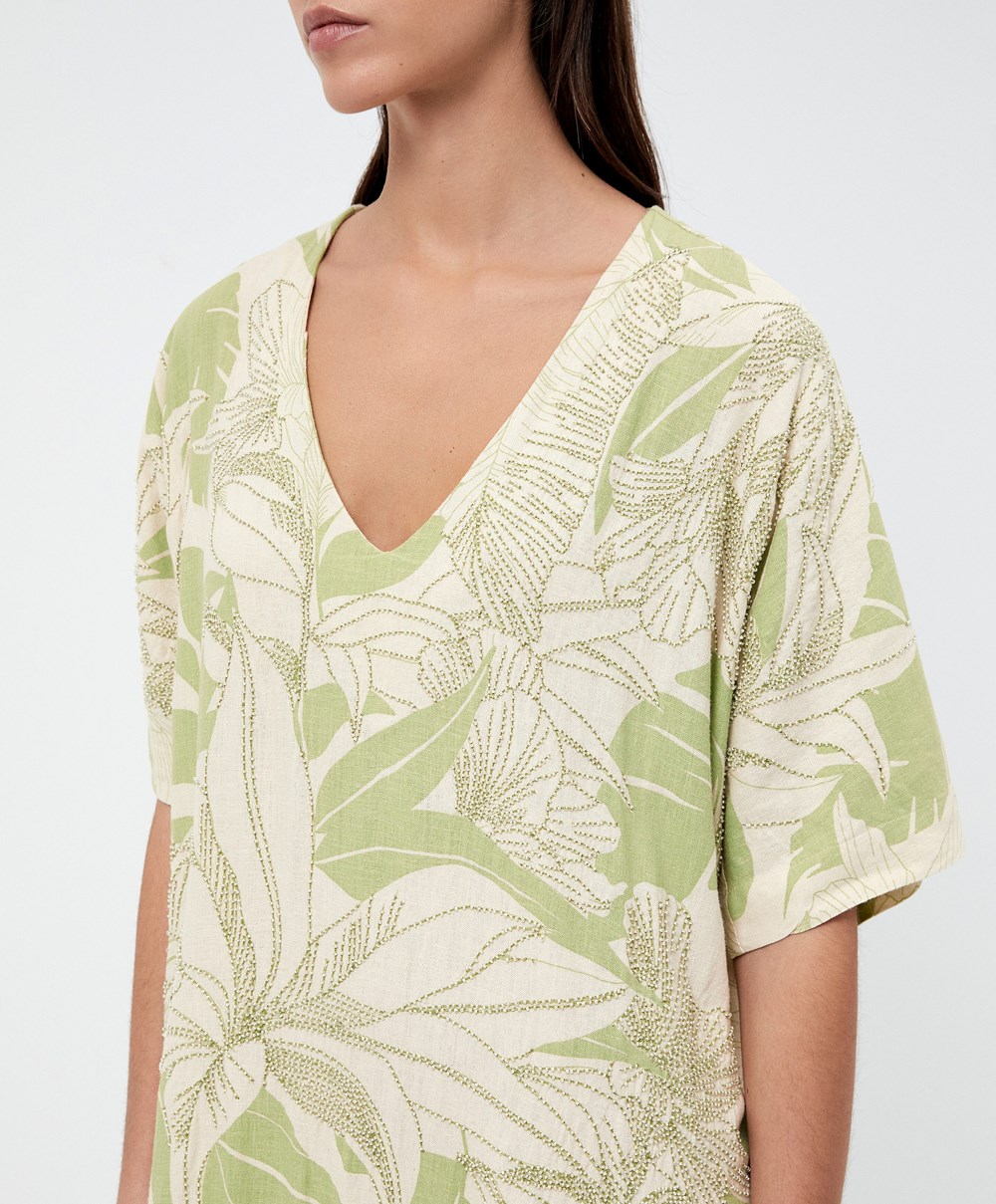 Oysho Beaded Embroidery Linen Midi Tunic Pale Pistachio | QPYLBV-619