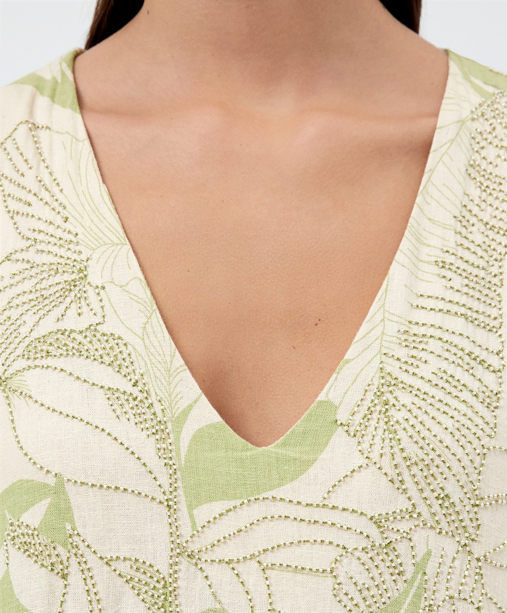 Oysho Beaded Embroidery Linen Midi Tunic Pale Pistachio | QPYLBV-619