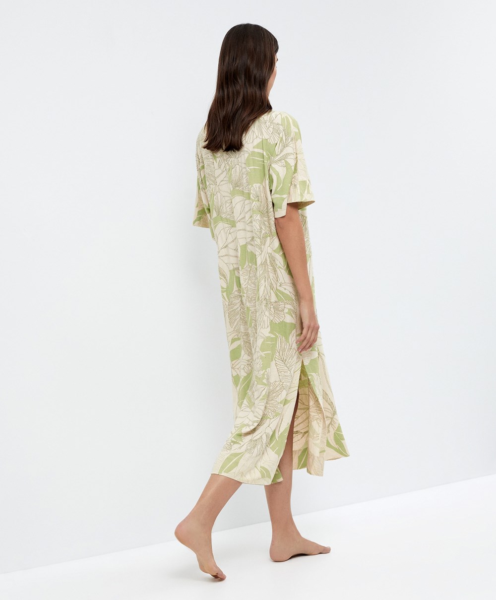 Oysho Beaded Embroidery Linen Midi Tunic Pale Pistachio | QPYLBV-619