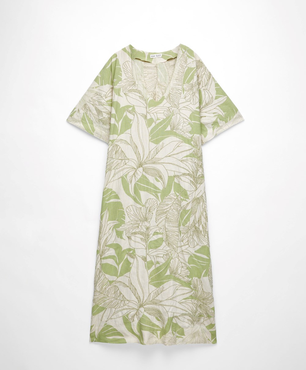 Oysho Beaded Embroidery Linen Midi Tunic Pale Pistachio | QPYLBV-619