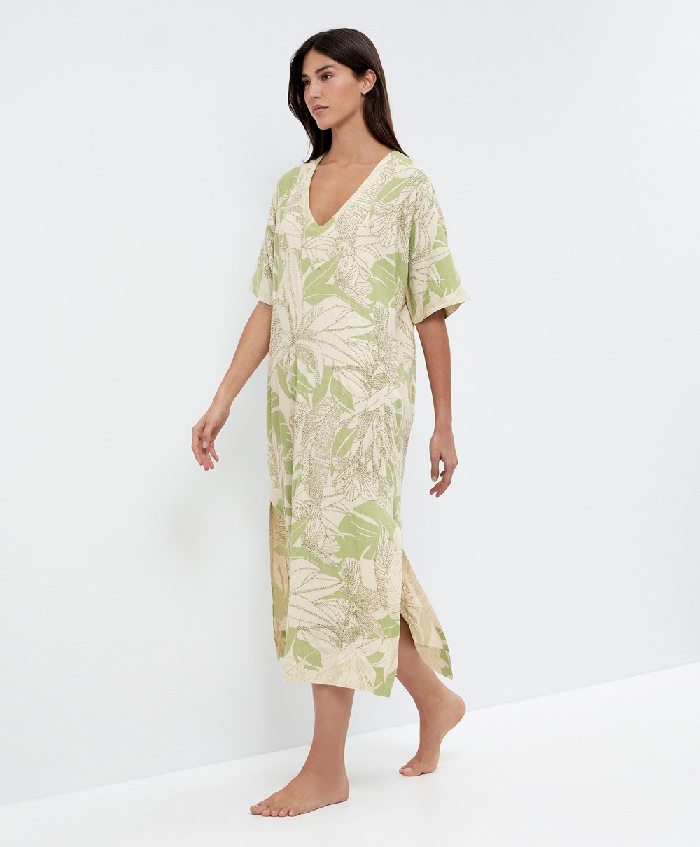 Oysho Beaded Embroidery Linen Midi Tunic Pale Pistachio | QPYLBV-619