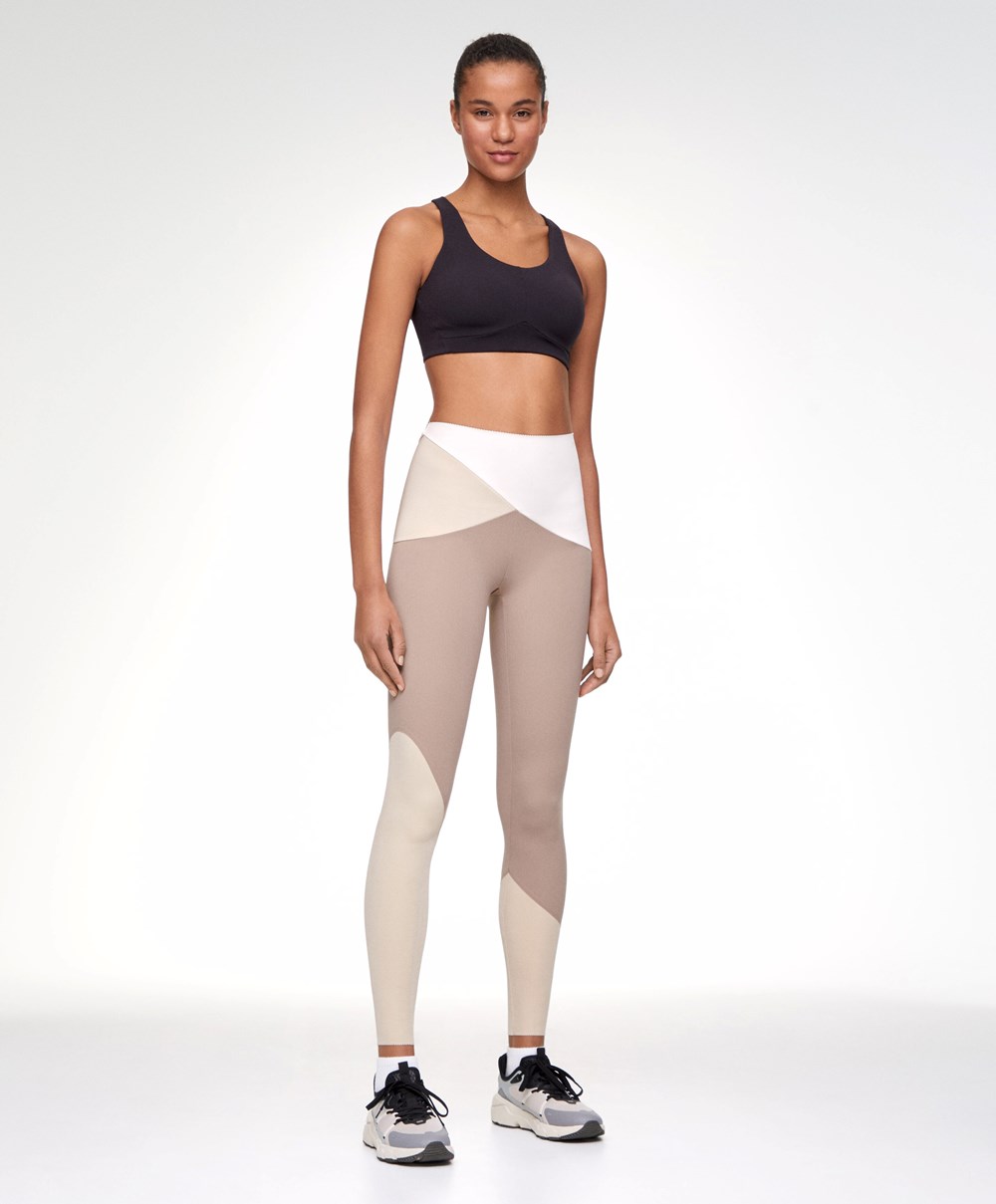 Oysho Colour Block 65cm Compressive Leggings Mocha | ABOSKC-163