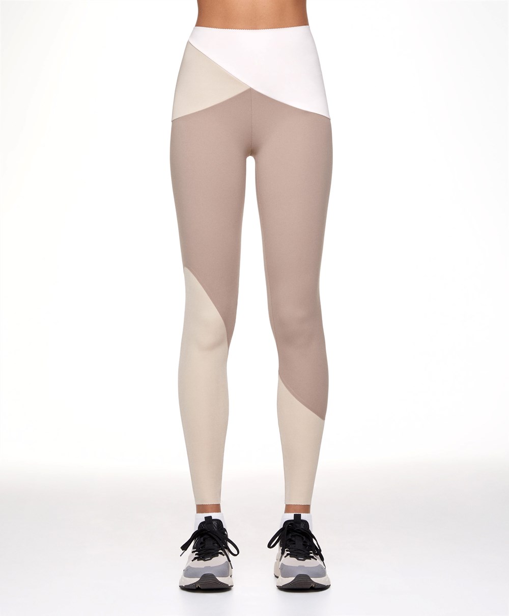 Oysho Colour Block 65cm Compressive Leggings Mocha | ABOSKC-163