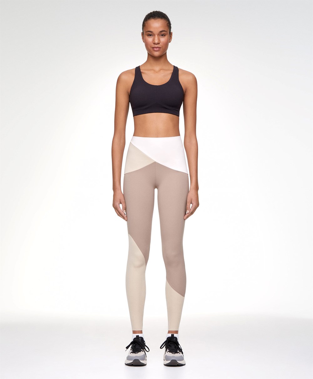 Oysho Colour Block 65cm Compressive Leggings Mocha | ABOSKC-163