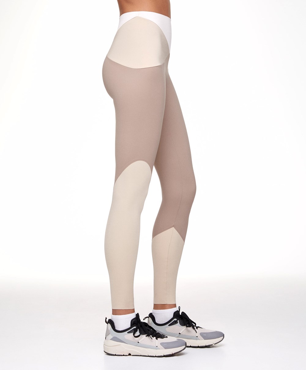 Oysho Colour Block 65cm Compressive Leggings Mocha | ABOSKC-163