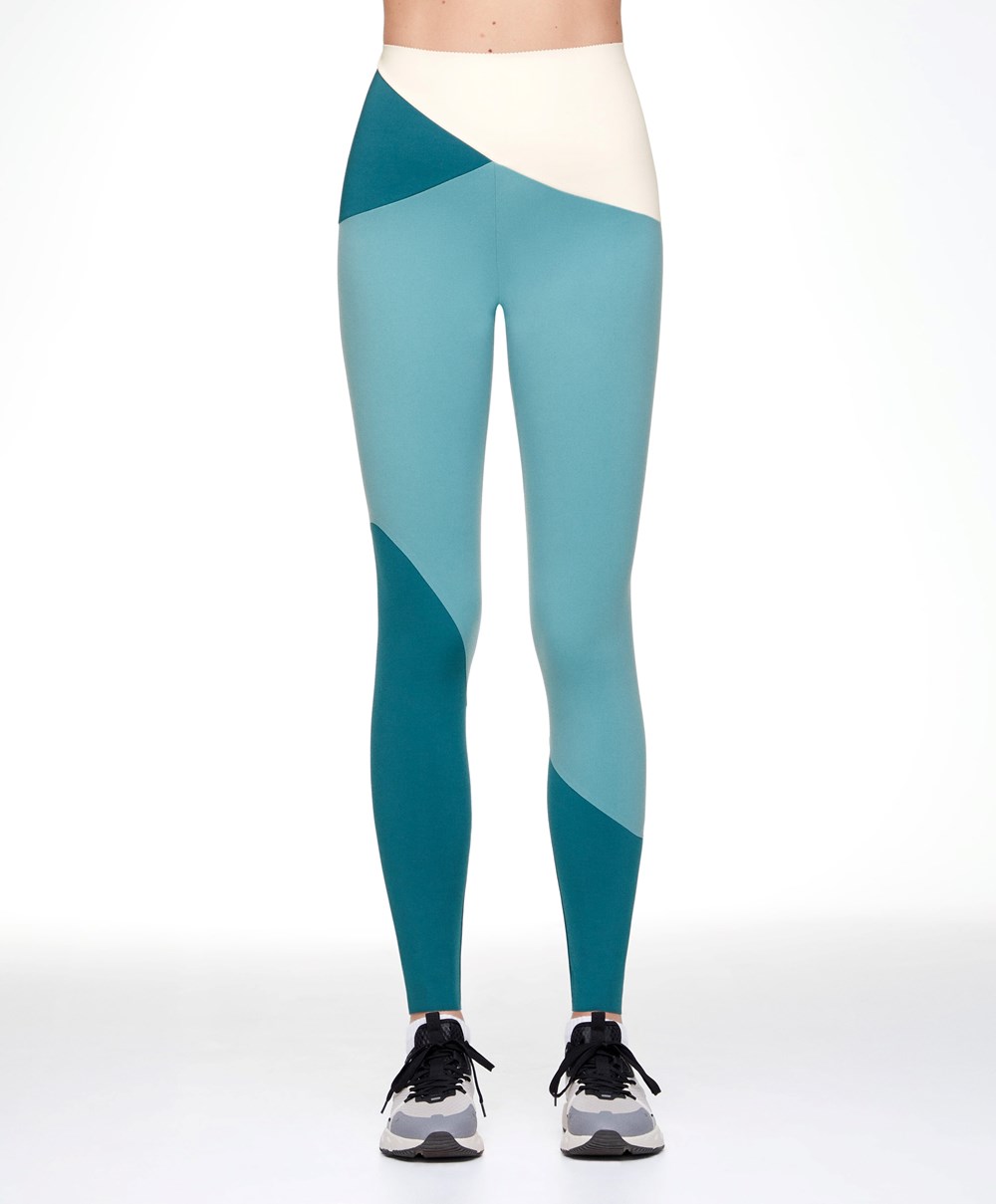 Oysho Colour Block 65cm Compressive Leggings Blue-turquoise | AMHCEK-328