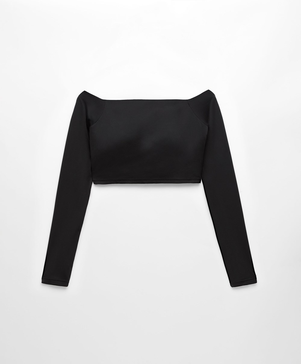 Oysho Comfortlux Off-the-shoulder Top With Cups μαυρα | ZDKCLH-864