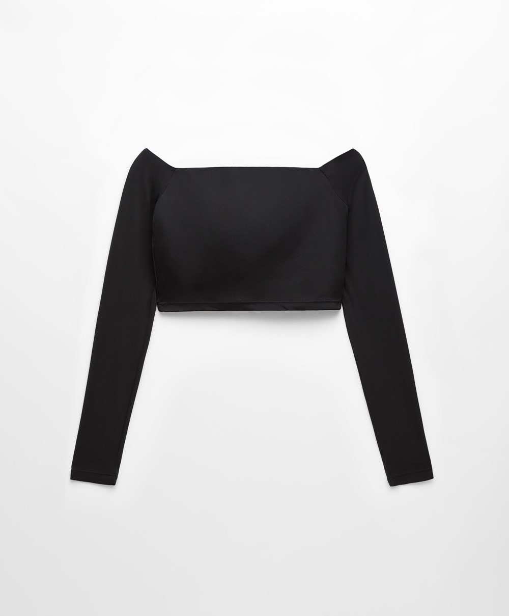 Oysho Comfortlux Off-the-shoulder Top With Cups μαυρα | ZDKCLH-864