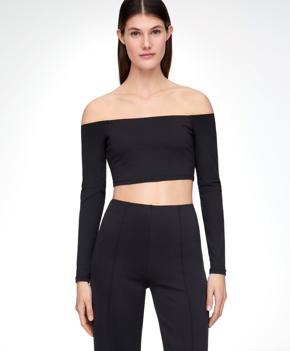 Oysho Comfortlux Off-the-shoulder Top With Cups μαυρα | ZDKCLH-864