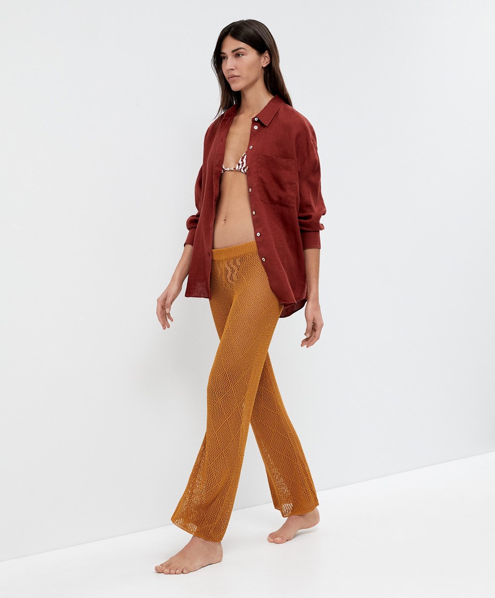 Oysho Crochet Cropped Trousers Honey | HPGYVB-172