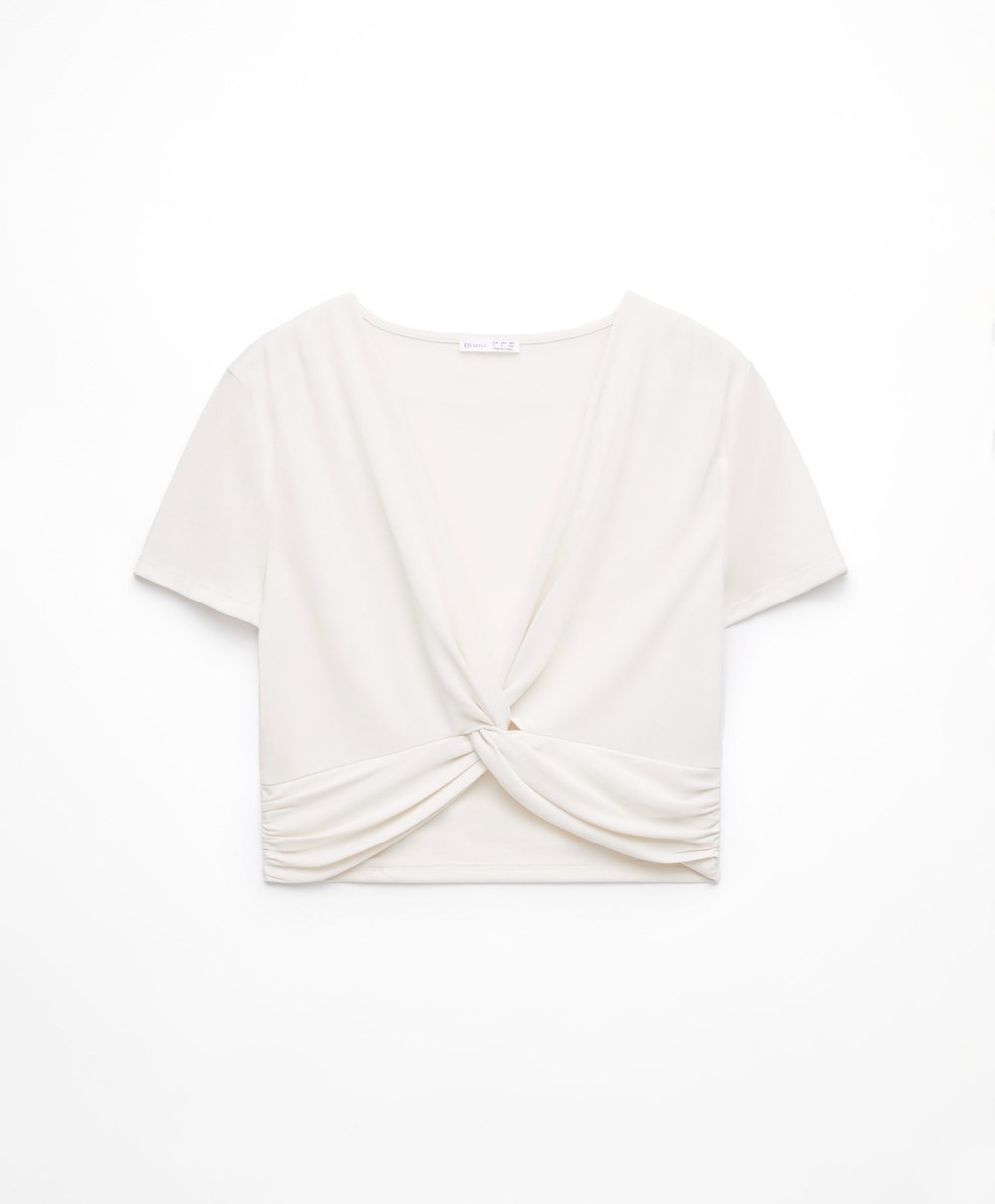 Oysho Crop Modal Knot T-shirt Cream-white | KBHIVC-528