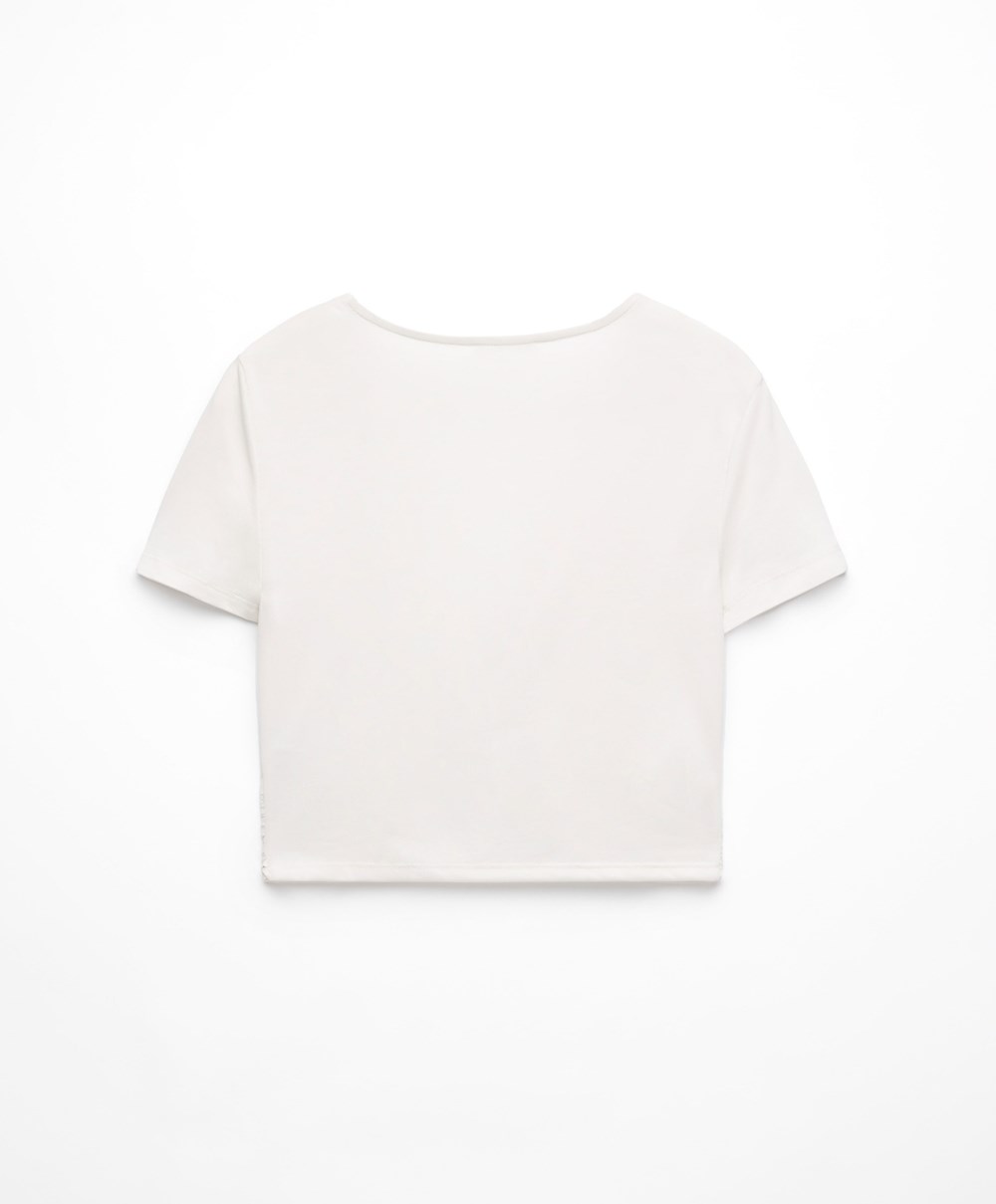 Oysho Crop Modal Knot T-shirt Cream-white | KBHIVC-528