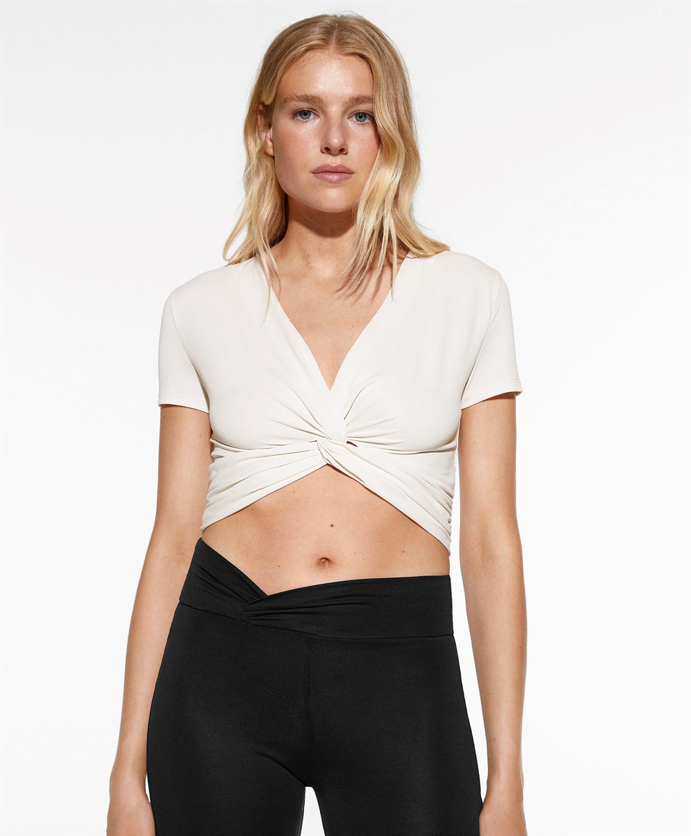 Oysho Crop Modal Knot T-shirt Cream-white | KBHIVC-528