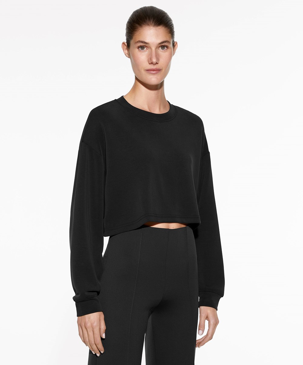 Oysho Crop Modal Sweatshirt μαυρα | CHFWAP-608