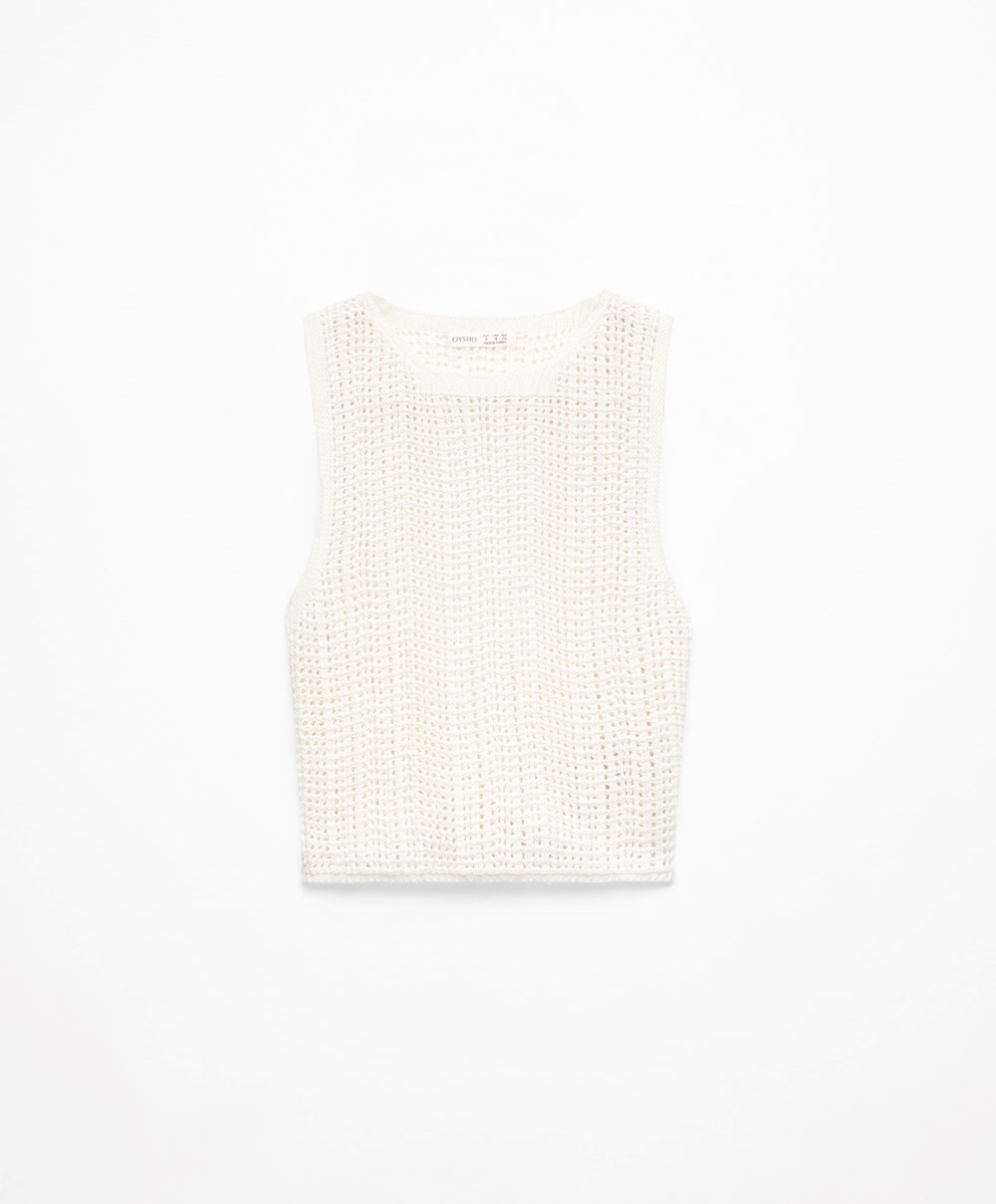 Oysho Cropped Crochet Top Bone Whte | OULYQF-965