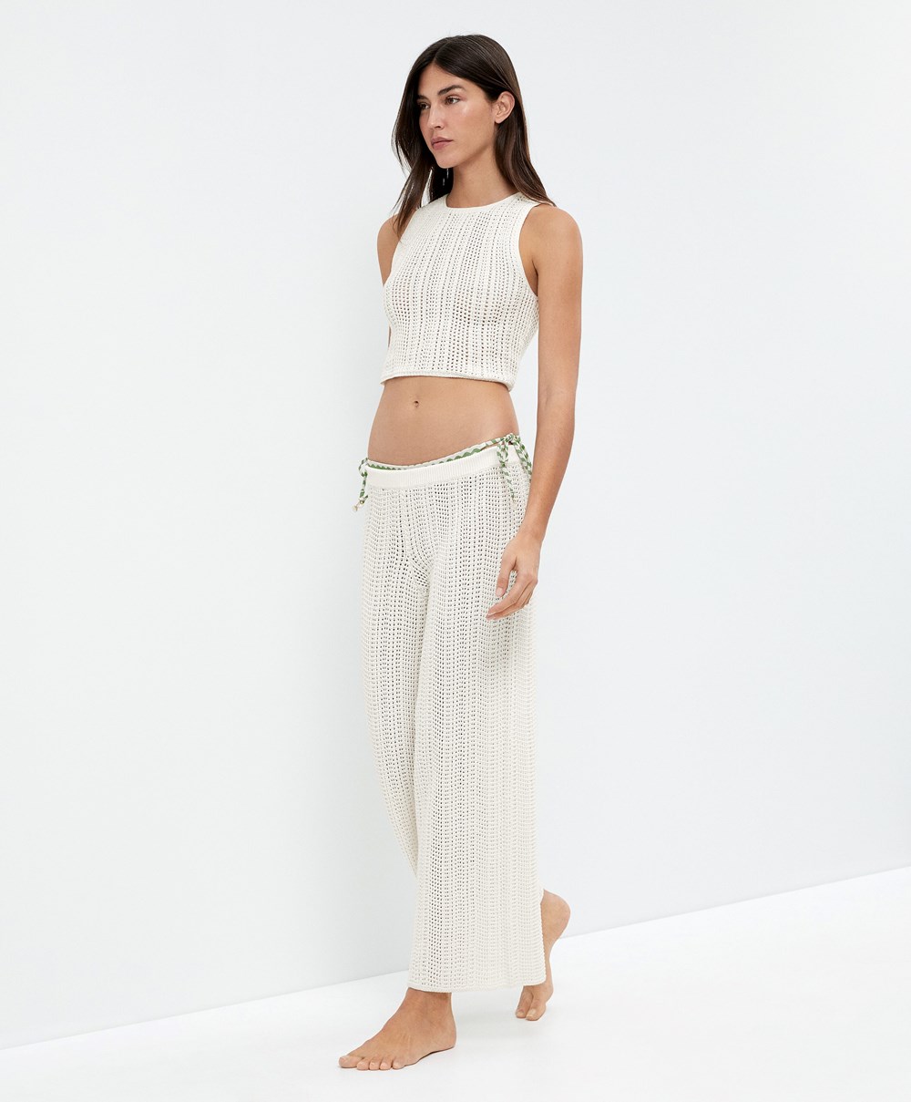 Oysho Cropped Crochet Top Bone Whte | TVWFLP-601