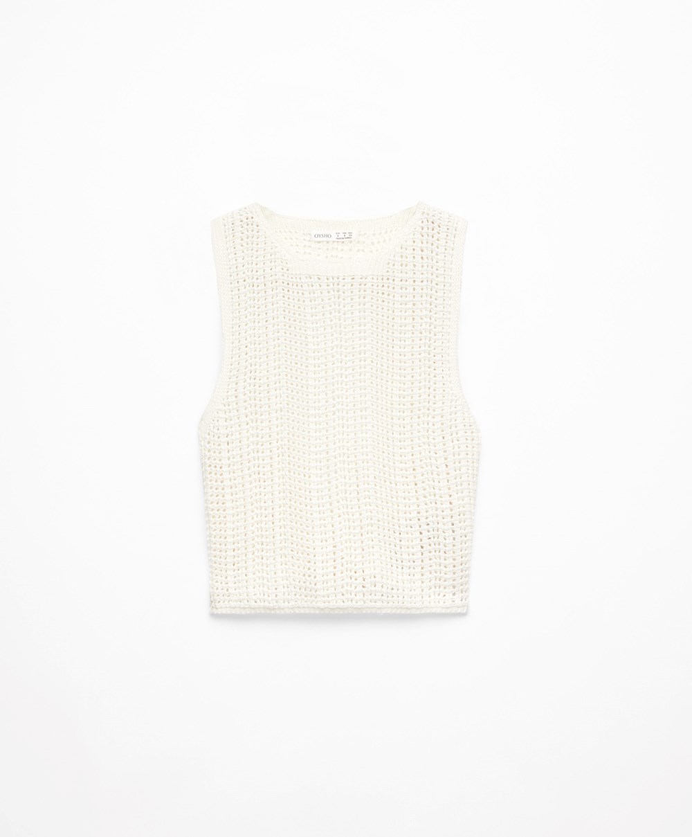 Oysho Cropped Crochet Top Bone Whte | TVWFLP-601