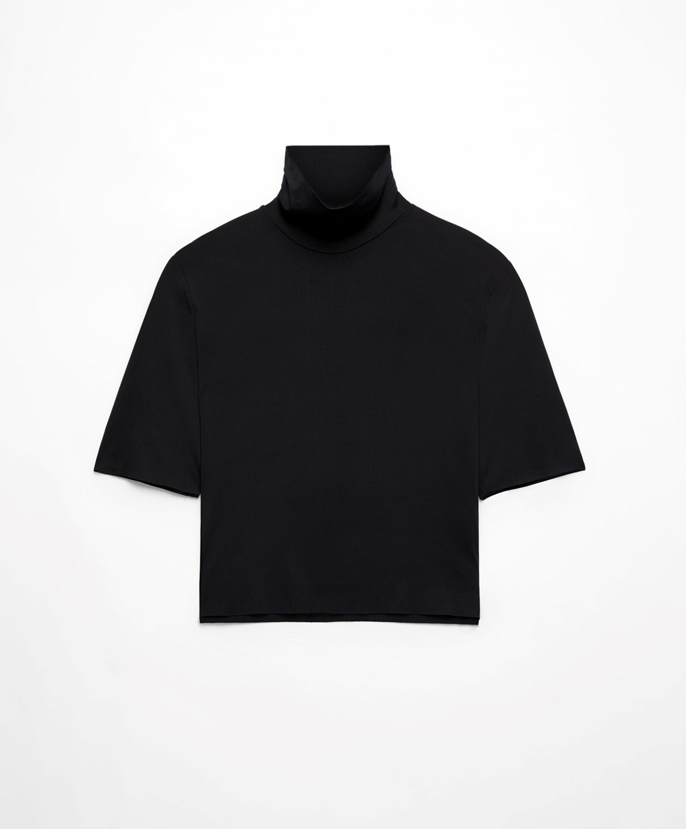 Oysho Cropped T-shirt With Raised Neck μαυρα | BRICWZ-967