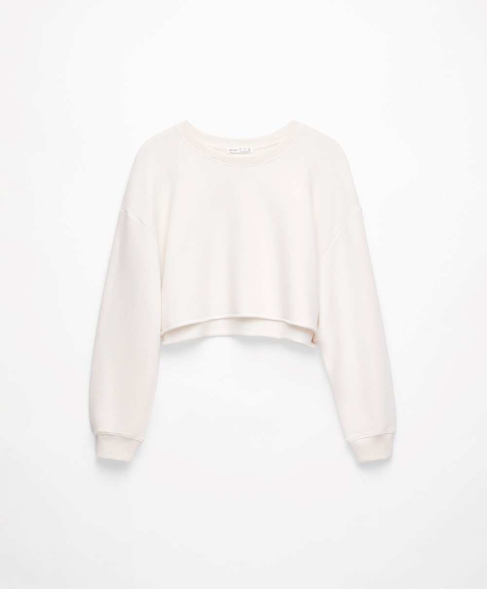 Oysho Cropped βαμβακερα Sweatshirt Cream-white | BWSXAR-497