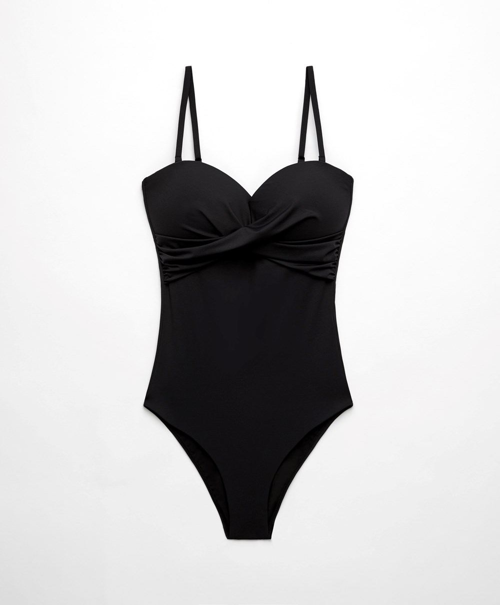 Oysho Crossover Neckline Swimsuit μαυρα | AKYXJZ-195