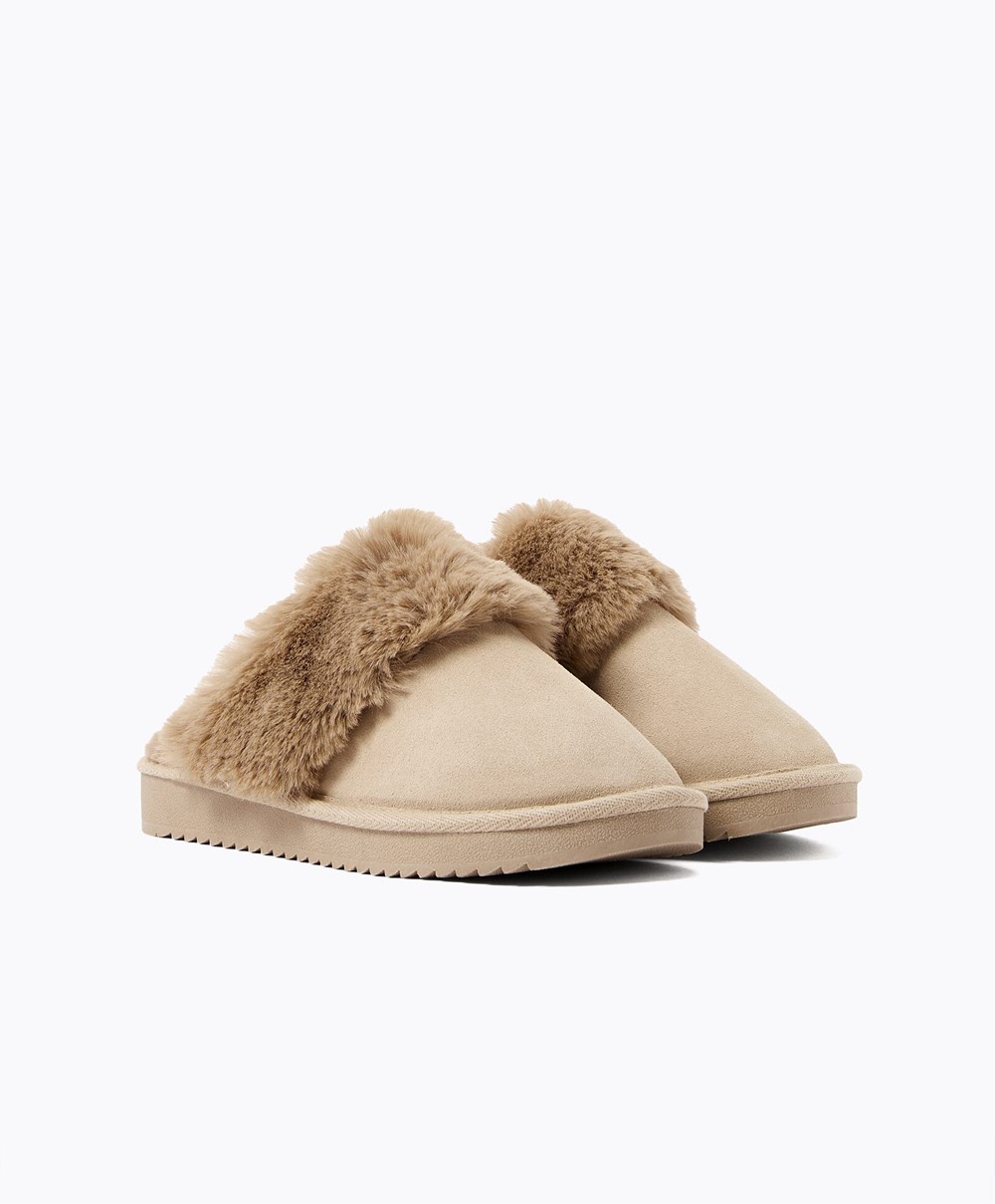 Oysho Cuff Split-leather Slippers Sand | YGJDQO-156