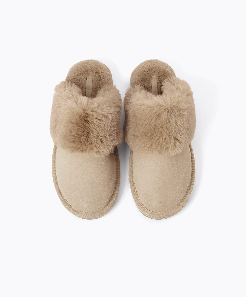 Oysho Cuff Split-leather Slippers Sand | YGJDQO-156