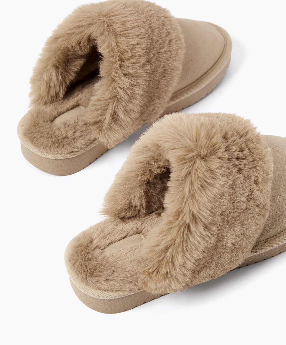 Oysho Cuff Split-leather Slippers Sand | YGJDQO-156