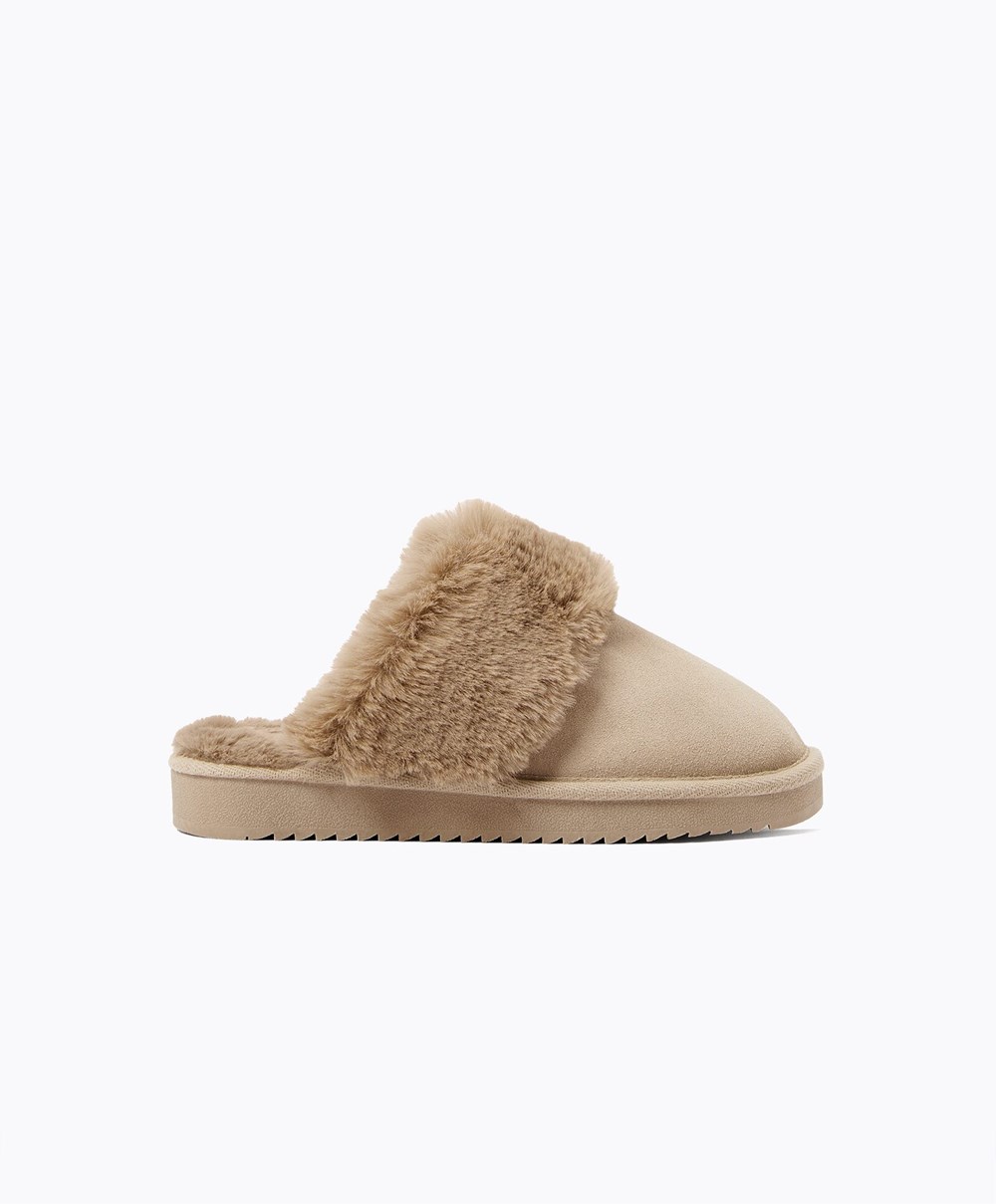 Oysho Cuff Split-leather Slippers Sand | YGJDQO-156