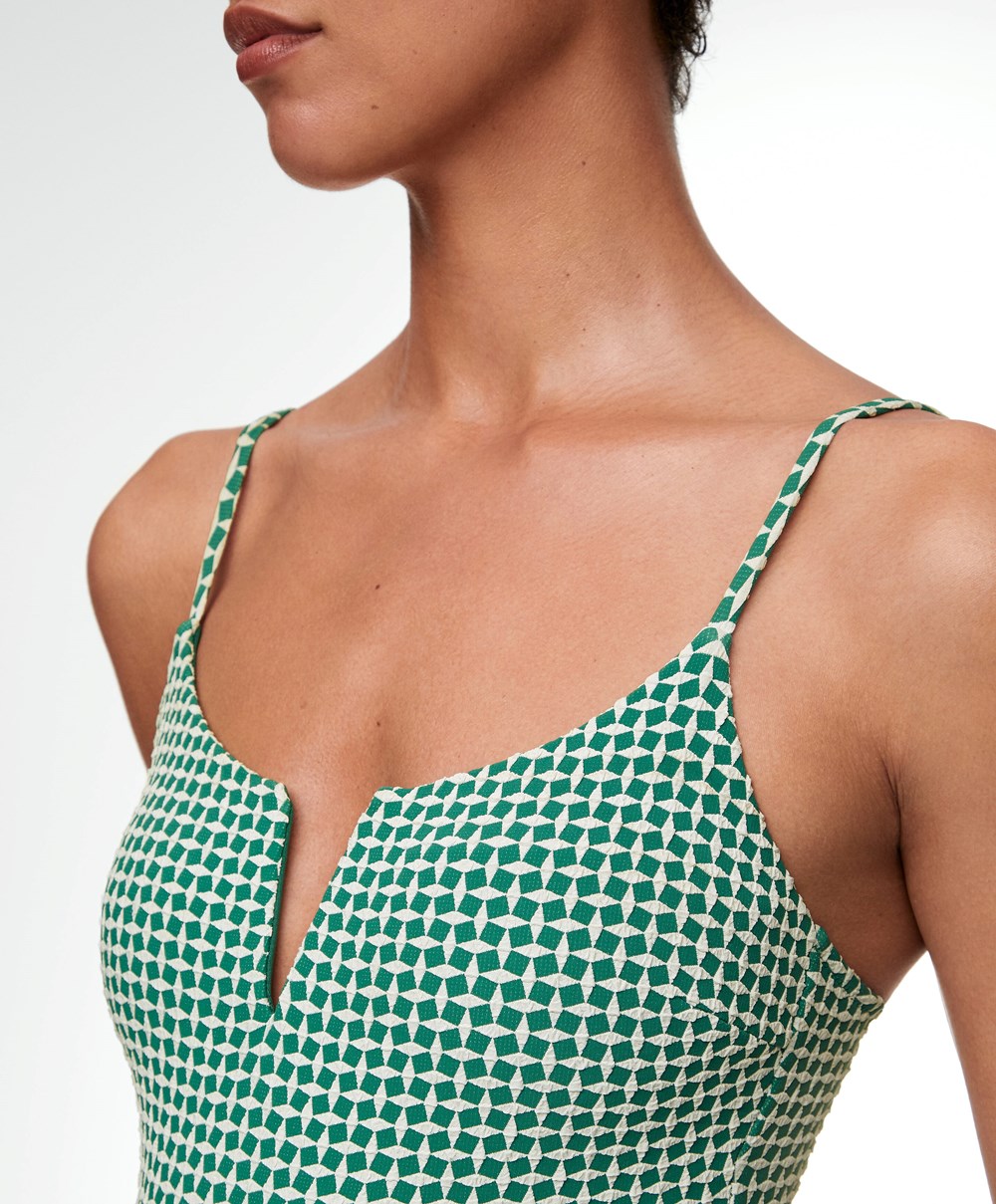 Oysho Ditsy Geometric Notched Neckline Swimsuit πρασινο | WXSUNE-962