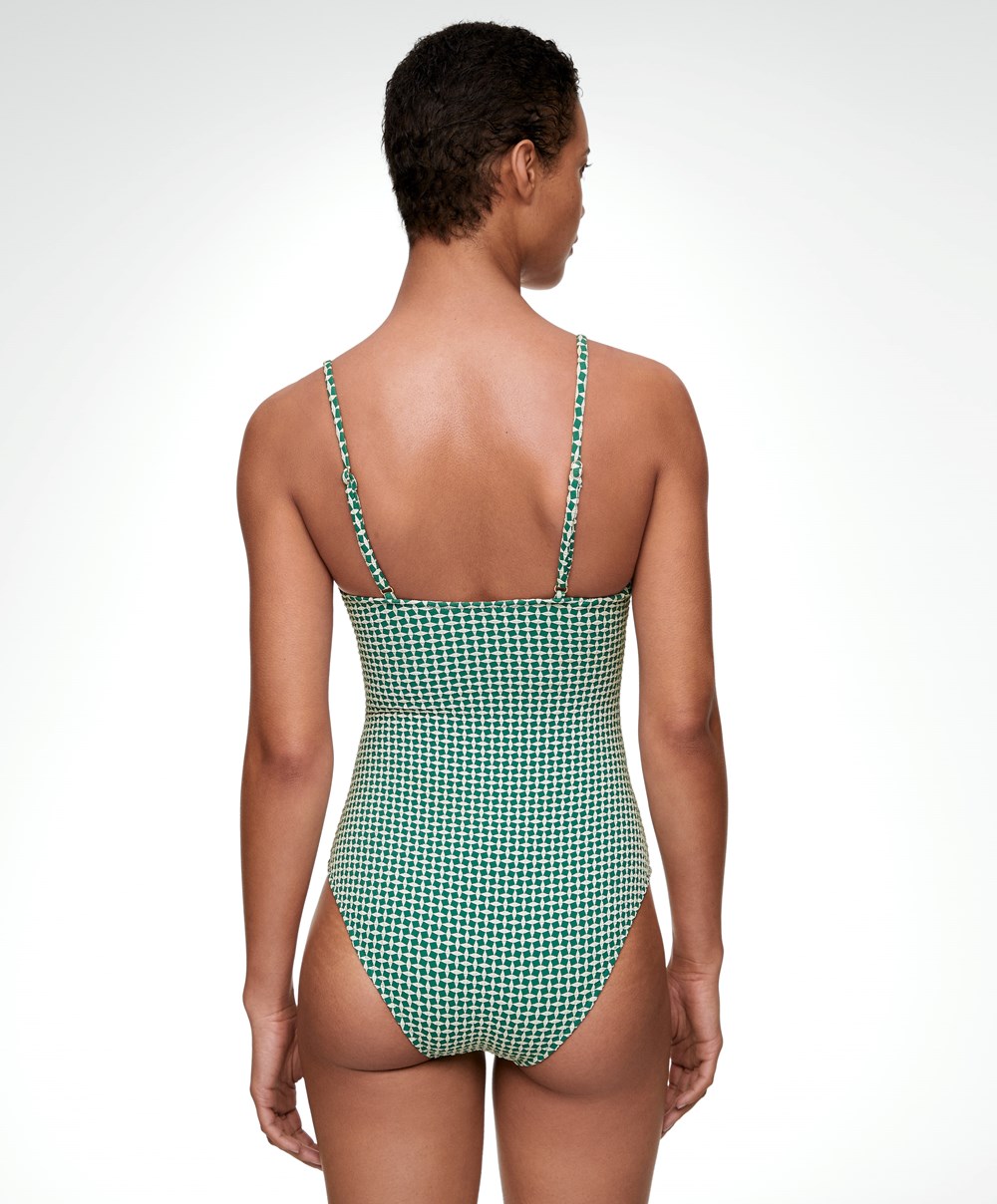 Oysho Ditsy Geometric Notched Neckline Swimsuit πρασινο | WXSUNE-962