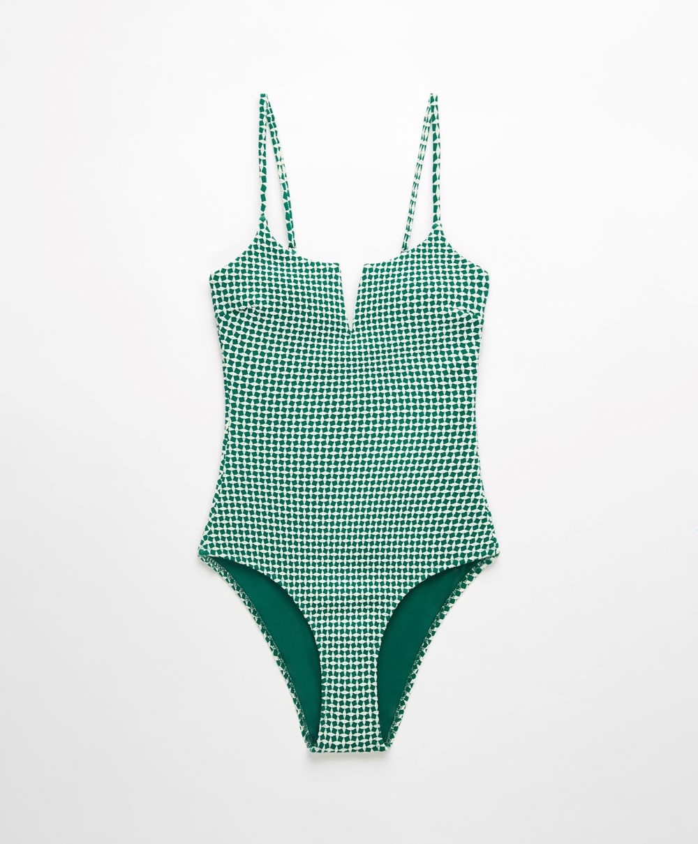 Oysho Ditsy Geometric Notched Neckline Swimsuit πρασινο | WXSUNE-962