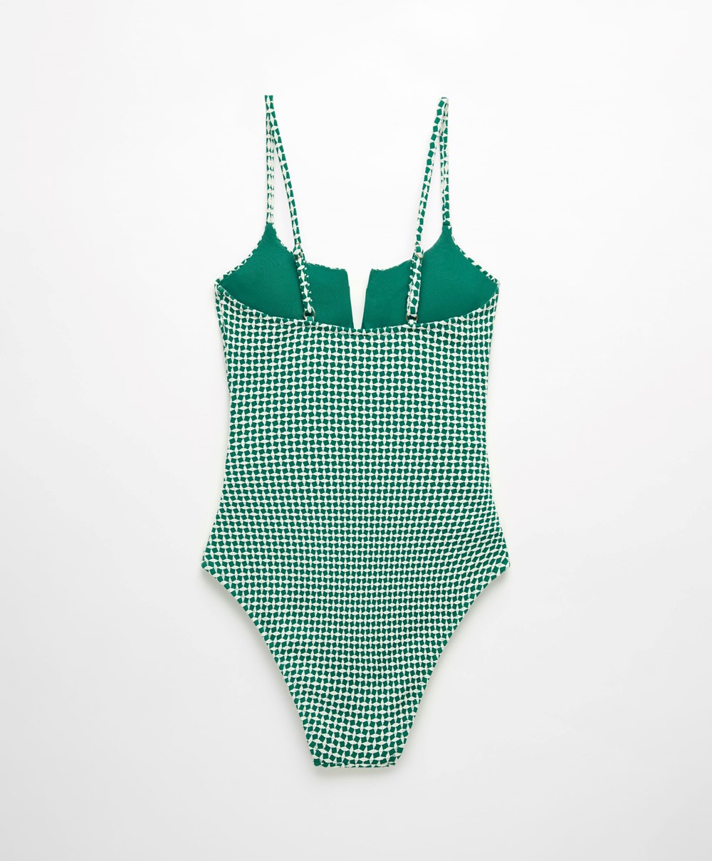 Oysho Ditsy Geometric Notched Neckline Swimsuit πρασινο | WXSUNE-962