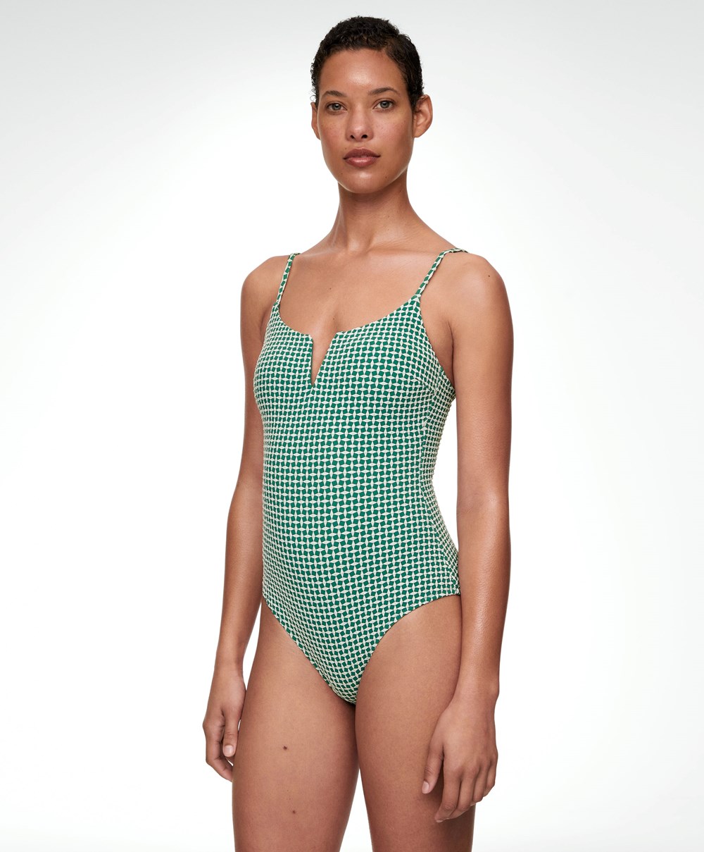 Oysho Ditsy Geometric Notched Neckline Swimsuit πρασινο | WXSUNE-962