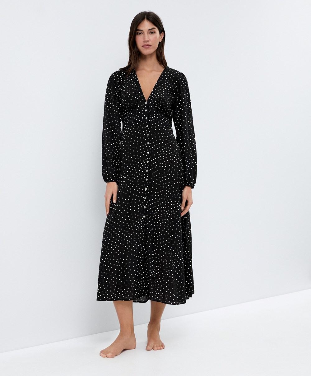 Oysho Dotted Long-sleeved Long φορεμα μαυρα | HPRJXA-862