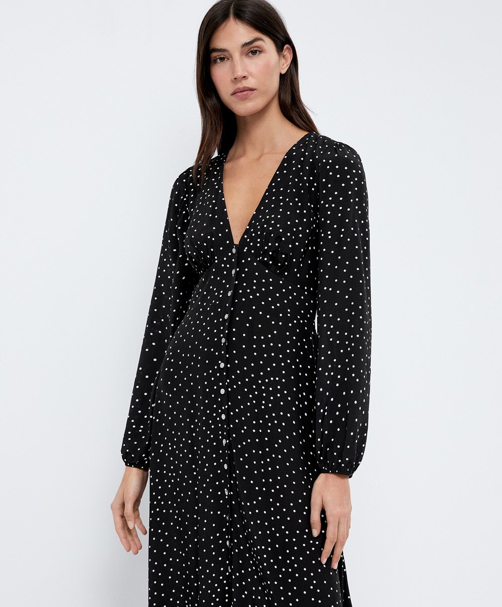 Oysho Dotted Long-sleeved Long φορεμα μαυρα | HPRJXA-862