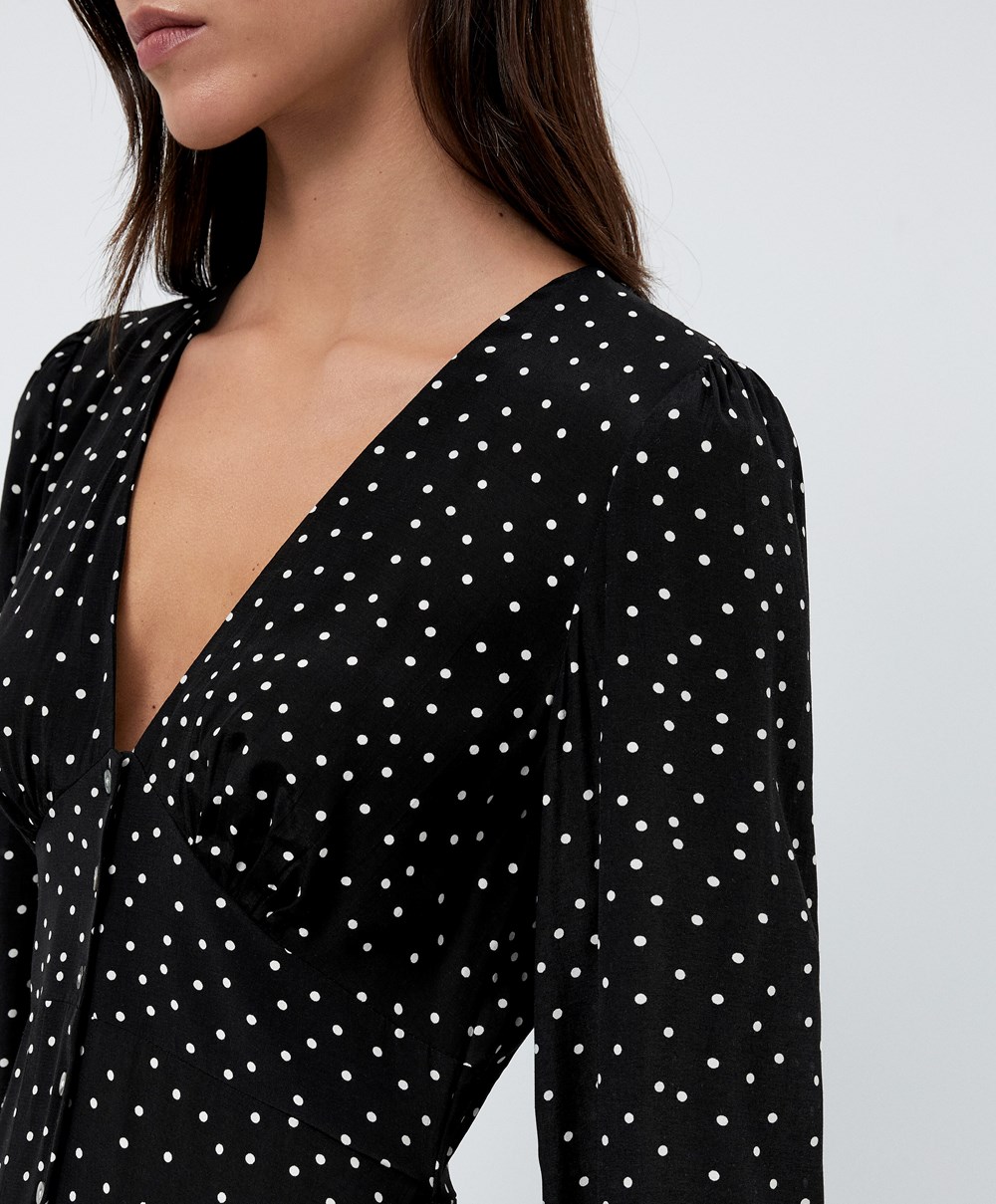 Oysho Dotted Long-sleeved Long φορεμα μαυρα | HPRJXA-862